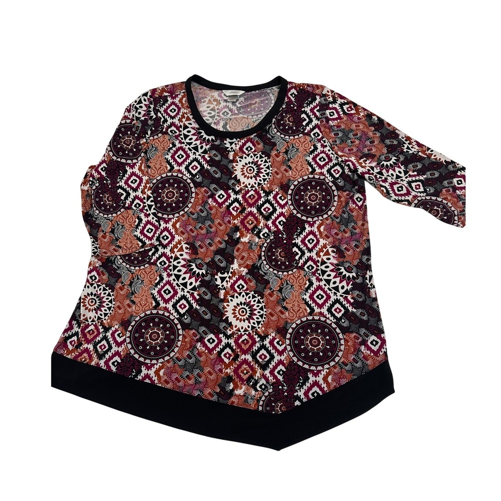 CJ Banks Women 3X Tunic Top Geometric Medallion Print Sharkbite Hem 3/4 Sleeve
